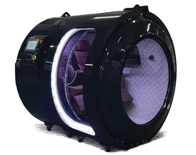 A hyperbaric oxygen therapy machine (HBOT) with a transparent door, quilted purple interior, digital control panel, and LED lighting, designed for comfort and privacy.