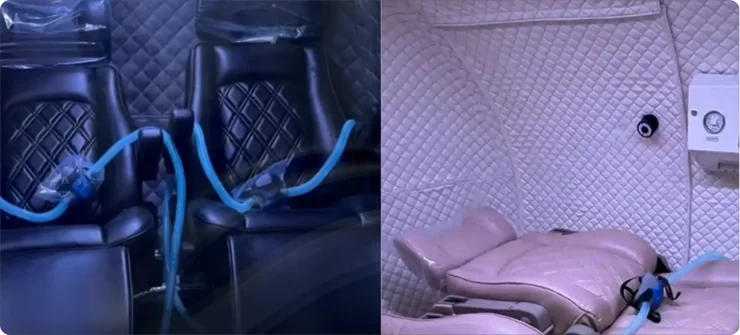 Two images side by side: On the left, two black reclining chairs with blue breathing tubes attached; on the right, a single beige reclining chair with a blue tube in a Matrix hyperbaric oxygen therapy (HBOT) chamber with quilted walls.