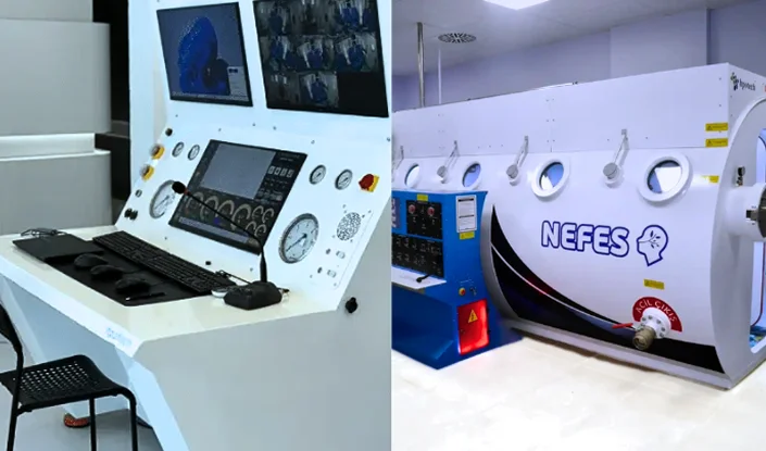 Two photos in one image; the first photo is a modern control panel with screens and gauges. The second photo shows the exterior of a large white Titan hyperbaric oxygen therapy (HBOT) chamber inside a clinical facility.