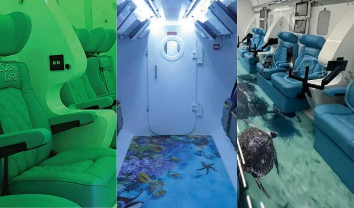 Three images show the interiors of Titan hyperbaric oxygen therapy (HBOT) chambers: green reclining seats, a white airlock door with an ocean floor design, and blue seats with a clear floor revealing sea life underneath.