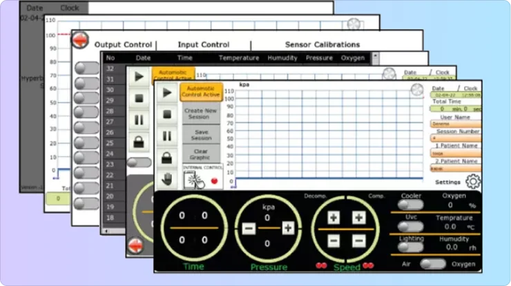 A stack of the Titan hyperbaric oxygen therapy (HBOT) chamber's overlapping digital control panels. They are displaying charts, graphs, dials, and settings for parameters like temperature, humidity, pressure, oxygen, and system controls.