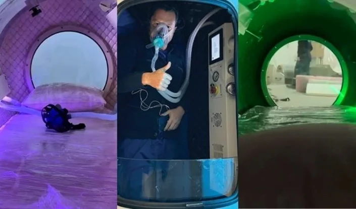 Three-panel image: the first shows an empty Trojan hyperbaric oxygen therapy (HBOT) chamber with a pillow and bag, the second shows a person inside the chamber giving a thumbs up while wearing an oxygen mask, and the third shows the chamber lit with green lights.
