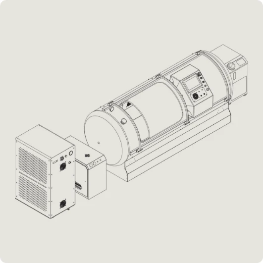 Line drawing of the Trojan hyperbaric oxygen therapy (HBOT) chamber.