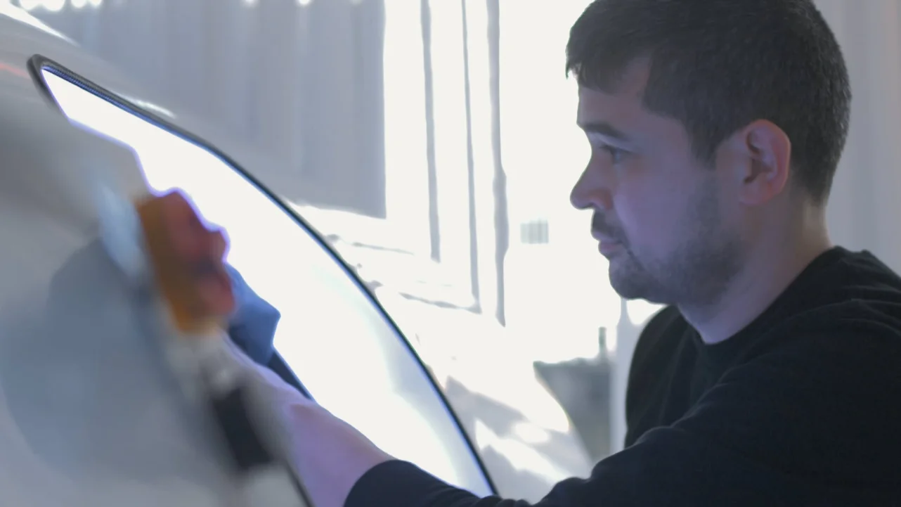 A man wearing a black shirt is cleaning the side of a hyperbaric oxygen therapy (HBOT) chamber with a cloth in a brightly lit room.